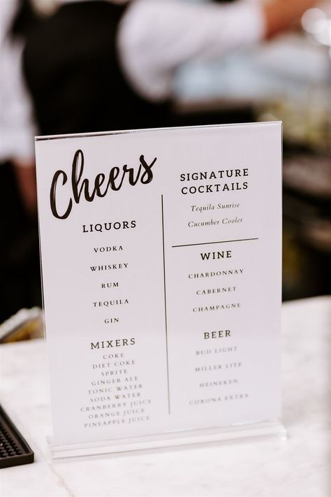 Vodka Drinks Wedding, Wedding Open Bar Checklist, Drink List For Wedding, Drinks At Wedding Reception, Wedding Drink List, Fun Wedding Cocktails, Open Bar Menu Wedding, Custom Wedding Drinks, Cocktail Menu Wedding Bar Ideas