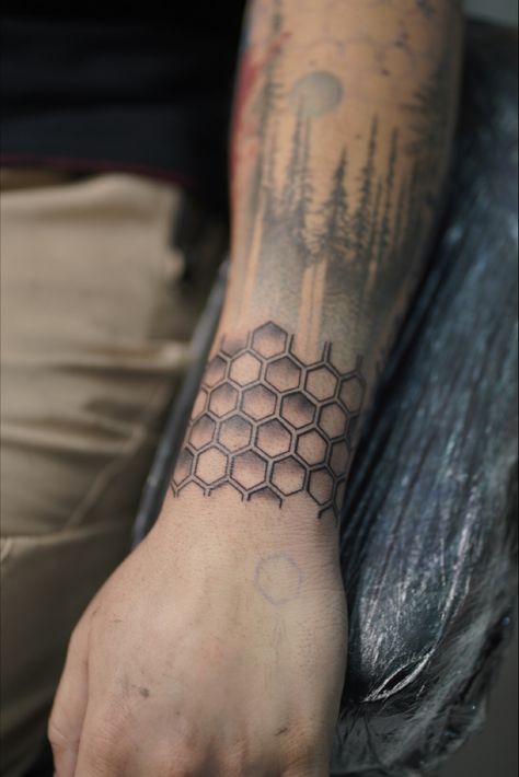 Geomatric Tattoo Art #tattoos #ink Honey Combs Tattoo, Geometric Honeycomb Tattoo Design, Honeycomb Pattern Tattoo, Hexagon Pattern Tattoo, Geometric Honeycomb Tattoo, Honeycomb Tattoo Filler, Geometric Hexagon Tattoo, Gap Filler Tattoo Design, Honeycomb Tattoo Sleeve