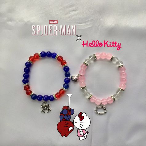 Spider-kitty matching Bracelets • • • • #spiderman #hellokitty #spiderxkitty #spiderkitty #marvel #sanrio #bracelets #beadedbracelets #charmbracelets #bbm #marscharmbracelets #matching #forher #forhim #couplesbracelets #giftideas Hello Kitty Spiderman Bracelet, Hello Kitty And Spiderman Bracelet, Matching Spiderman Bracelets, Hello Kitty Matching Bracelets, Spiderman And Hello Kitty Matching Bracelets, Spiderman Bracelet, Spider-man Bracelet Tutorial, Diy Crafts Jewelry, Matching Couples