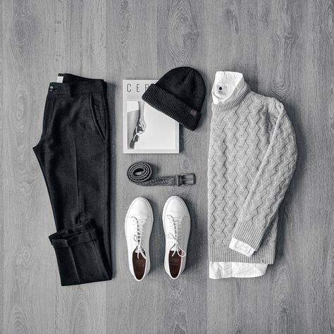 Outfit grid - Grey cable knit sweater Outfit Grid Men, Jogger Outfit, Mens Casual Dress Outfits, Sweater Outfit, Outfit Grid, Mens Fashion Casual Outfits, Mens Lifestyle, Instagram Outfits, Mens Casual Dress