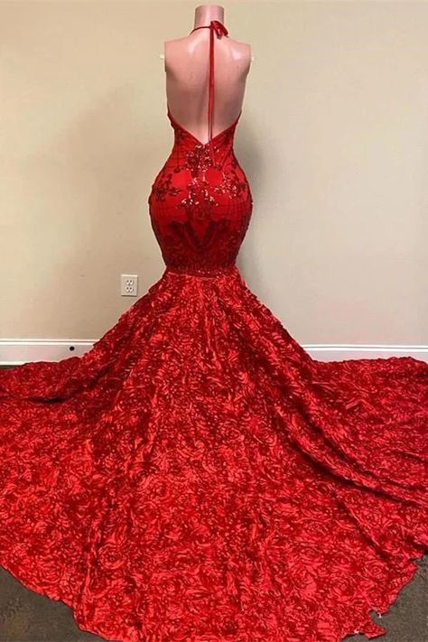 Special Occassion Halter Neck Mermaid Dress, Red Mermaid Prom Dress, Front Split Dress, Prom Dresses Burgundy, Flower Prom Dress, Mermaid Prom Dresses Lace, Red Mermaid, Prom Inspo, Prom Girl Dresses