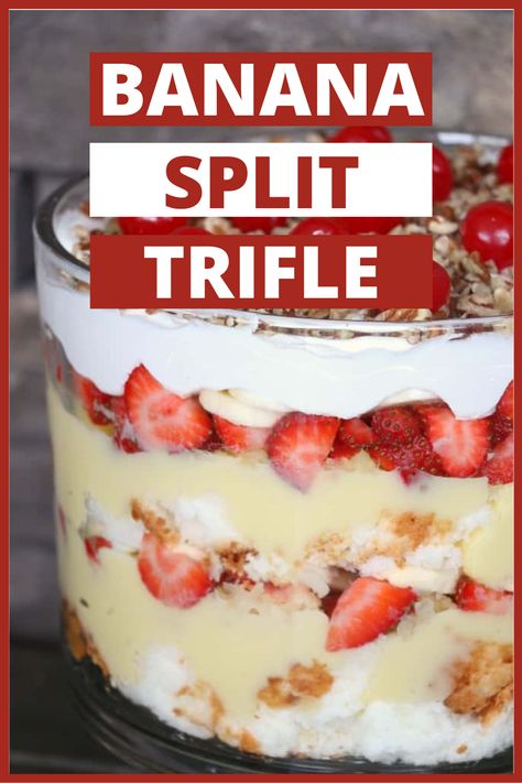 Closeup shot of banana split trifle in glass dish. Banana Split Pudding, Banana Split Trifle, Strawberry Banana Desserts, Dessert Trifles, Banquet Desserts, Dessert Potluck, Banana Trifle, Dessert Trifle, Banana Split Dessert Recipes