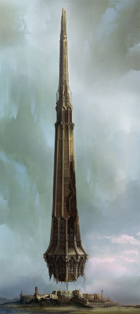 A huge tower floating over the city. The original use was a space colony It became the present after the collision. Copyright by Inuca Interactive Corp. Space Colony, Rocket Engine, Creation Art, Location Inspiration, 다크 판타지, Fantasy City, Fantasy Castle, Fantasy Setting, Fantasy Places