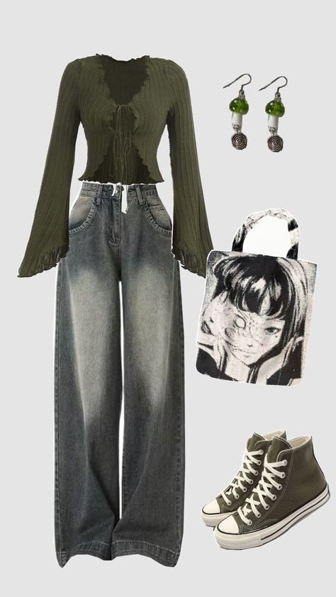 #outfit #grunge #green Green Acubi Outfit, Green Grunge Outfit, Dark Green Pants, Fall Grunge, Grunge Fits, Outfit Grunge, Green Fits, Grunge Y2k, Green Pants