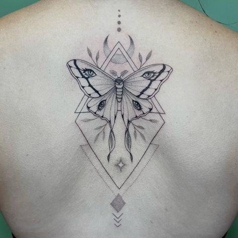 Lunar Moth Tattoos, Find The Light Tattoo, Lunar Moth Tattoo Meaning, Lunar Moth Back Tattoo, Moth Spine Tattoo, Lunar Moth Tattoo Fineline, Lunar Moth Drawing, Geometric Moth Tattoo, Luna Moth Tattoo Design