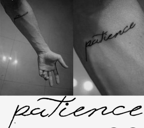 Patience Tattoo Design, Patience Tattoo Fonts, Optimism Tattoo, Wrist Tattoo For Men, Rocky Tattoo, Feather Tattoo For Men, Patience Tattoo, Small Words Tattoo, Meaningful Tattoos For Men