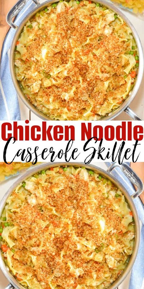 If you're needing an easy dinner recipe that everyone will fight over the leftovers look no further. One Pot Chicken Noodle Skillet tastes like Chicken Noodle Casserole but is so easy and made in 1 pot.  It's an easy to make dinner in under 25 minutes that always reminds me of Grannys Chicken Noodle Casserole. This is truly a family favorite with young and old alike but easier to make. Baked Noodle Casserole, Chicken Noodle Skillet, Chicken Noodle Casserole Easy, Leftover Chicken Casserole, Chicken Leftovers, One Pot Chicken Recipes, Chicken And Noodles, Noodle Casserole Recipes, Casserole Chicken