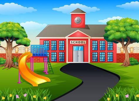 Scene with school building and playgroun... | Premium Vector #Freepik #vector #school-gate #school-building #university-building #school-cartoon Picture Of School Cartoon, School Images Pictures, School Drawing Building, School Cartoon Images, School Ground, School Outside, School Gate, University Building, Community Places