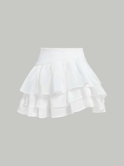 White Casual Collar  Knitted Fabric Plain Layered/Tiered Embellished Slight Stretch  Women Clothing White Short Skirts, Skirt As A Top Outfit, White Rara Skirt, Whote Skirt, Cute Skirts Aesthetic, White Skirt Aesthetic, White Layered Skirt, Cute White Skirt, Simple Skirts