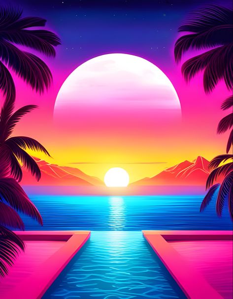 A neon ocean sunset in neon vaporwave synthwave style Neon Art Wallpaper, Vaporwave Party, Miami Neon, Vaporwave Sunset, Neon Vaporwave, Room Ideas For Men, Neon Sunset, Tropical Neon, Room Ideas For Men Bedroom