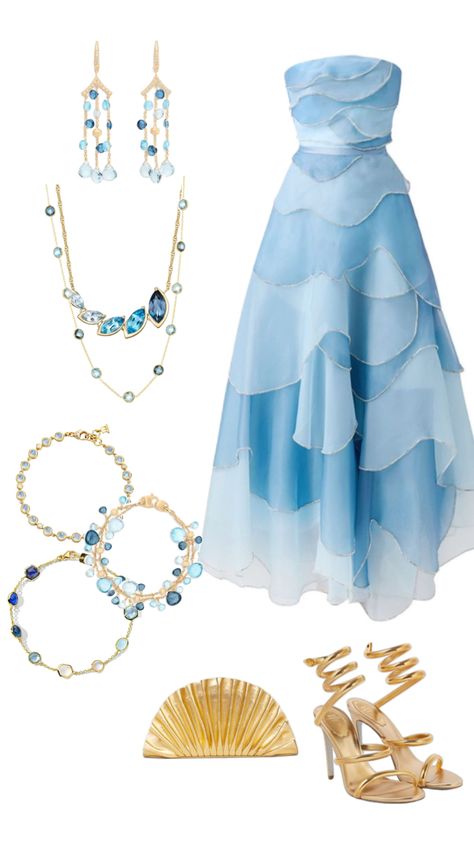 Theme: sea blue and gold Water Inspired Fashion Mood Board, Air Element Outfit, Water Element Outfit, Sea Theme Dress, Sea Themed Outfits, Sea Themed Dress, Ocean Themed Outfits, Pandora Outfit, Under The Sea Dress