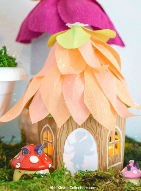 DIY Fairy House Craft: Paper Fairy House Luminaries with Free Template Fairy House Template, Cardboard Fairy House, Diy Fairy House, Miniature Mushrooms, Indoor Fairy Garden, Paper Fairy, Fairy House Crafts, Crepe Paper Flower, Kraf Kertas