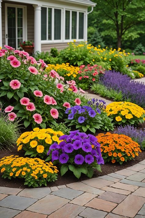 Patio Flower Bed Ideas, Small Flagstone Patio, Flagstone Patio Ideas, Colorful Flower Beds, Flagstone Walkway, Rustic Fire Pits, Patio Flowers, Garden Water Feature, Flower Bed Ideas