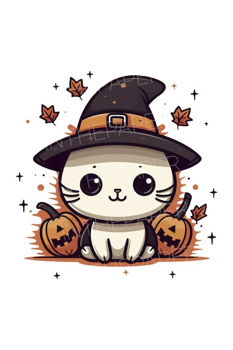 "Experience the enchantment of Halloween with this adorable clipart illustration featuring a cute kitten wearing a witch hat, seated next to a Halloween pumpkin. Unisex, Tee, Print, Wall Art, Poster, Card, Baby One Piece, Kid T-Shirt, Toddler Hoodi, Sweat, Skirt, Dress, Leggings, Hat, Socks, Bag, Home Deco, Clock, Acrylic Block, Bedding, Pillow, Curtain, Cup, Bottle, Tumblr, Coaster, Pet Bowl, Dog, Cat, Bandana, Notebook, Sticker, Magnet, Phone Case Cat Wearing Witch Hat, Halloween Sketches, One Piece Kid, Halloween Borders, Easy Draw, Cats Art Drawing, Dress Leggings, Chat Halloween, Halloween Owl