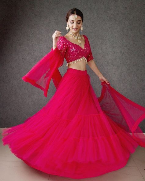 Party Wear Lengha, Pink Lehenga Choli, Ruffle Lehenga, Red Lehenga Choli, Lehenga Choli For Women, Wedding Dresses Indian, Choli For Women, Net Blouse, Indian Lehenga Choli