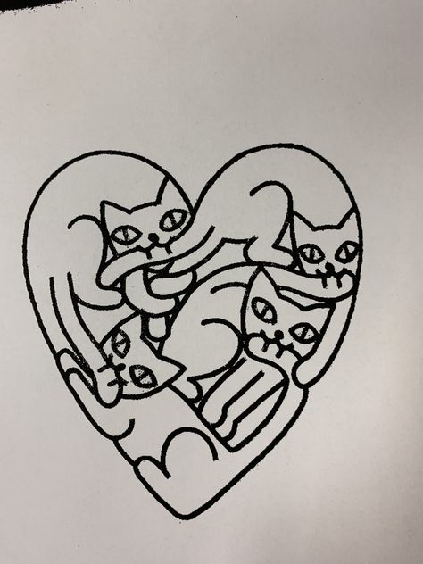 2 Cat Outline Tattoo, I Love You Tattoo Ideas, Cat Flash Tattoo, Minimal Cat Tattoo, Cats Tattoo, Tattoo Linework, 심플한 그림, Arte Doodle, Cat Heart