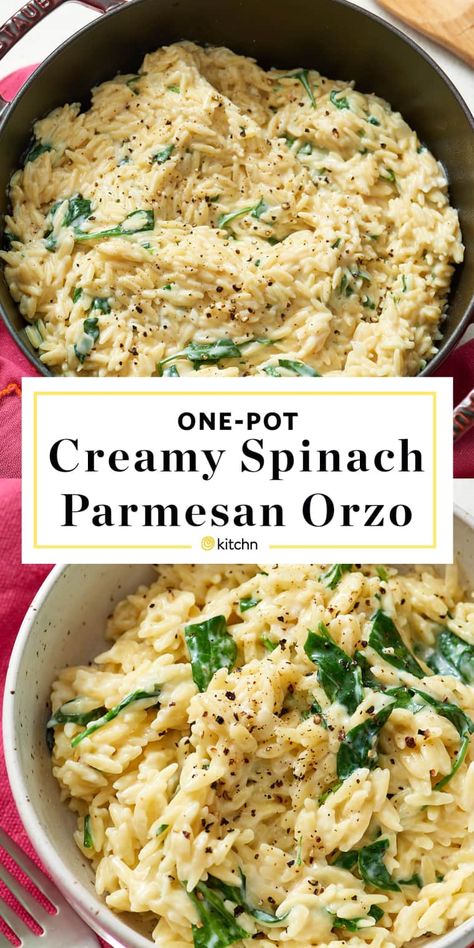 Recipe With Heavy Cream Dinner, Orzo Parmesan Spinach, Dinner Recipes Using Spinach, Instapot No Meat Recipes, Creamy Garlic Orzo Pasta, Orzo Recipes With Spinach, One Serving Dinner Recipes, Lite And Easy Dinner Recipes, Garlic Parm Orzo