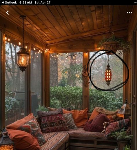 Daybed Screened In Porch, Enclosed Porch Ideas Small Cozy, Screened In Porch Lighting Ideas, Witchy Sunroom, Small Screened In Porch Decorating Ideas Cozy, Whimsical Sunroom, Sunroom Lighting, Small Screened In Porch, Cozy Sunroom Ideas