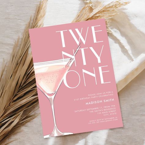 Modern 21st birthday invitation featuring elegant chic typography and minimalist design in pink color Birthday Dinner Invitation Pink, Cocktail Birthday Party Invitation, Creative Party Invitations, Zazzle Birthday Invitations, Birthday Invitations 18th Design, Birthday Invite Pink, Pink Party Invites, 27th Birthday Invitations, Pink And Black Invitations