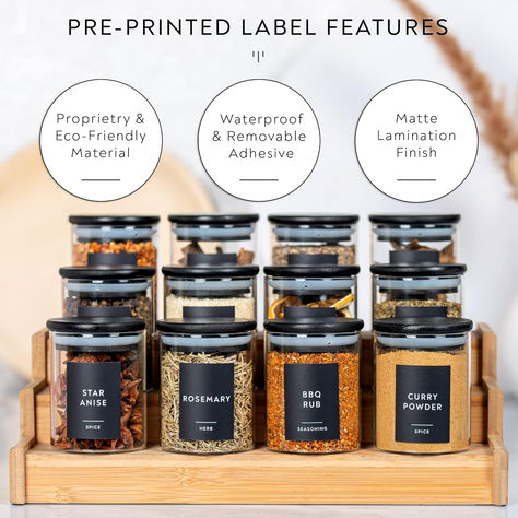 Laramaid 6oz 12Pack Spice Jars with Black Vinyl Spice Labels, Round Jars with Black Bamboo Lids, Minimalist Premium Labels, Adjustable Measuring Spoon and White Pen, Storage Container Canisters Turmeric And Pepper, Pantry Jars, Perfect Pantry, Storing Spices, Spice Jar Set, Spice Jar Labels, Spice Labels, Diy Labels, Herb Seasoning