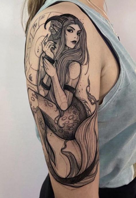 Capricorn Mermaid Tattoo, Capricorn Tattoo Ideas, Capricorn Tattoos, The Mountain Goats, Siren Tattoo, Mermaid Tattoo Designs, P Tattoo, Capricorn Girl, Pirate Tattoo