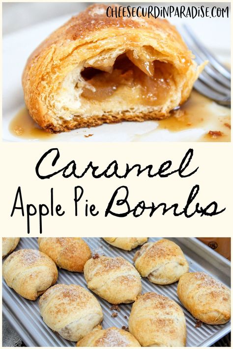 Caramel Apple Pie Bombs are a creative apple dessert. Warm seasoned apples and caramel sauce are rolled into a crescent roll and baked. The end result is a fluffy pastry that is bursting with caramel apple flavor! Caramel Apple Taquitos Recipe, Caramel Apple Crescent Ring, Fluffy Pastry, Roll Appetizers, Apples And Caramel, Apple Pear Crisp, Caramel Apple Bites, Caramel Apple Desserts, Cheese Curd