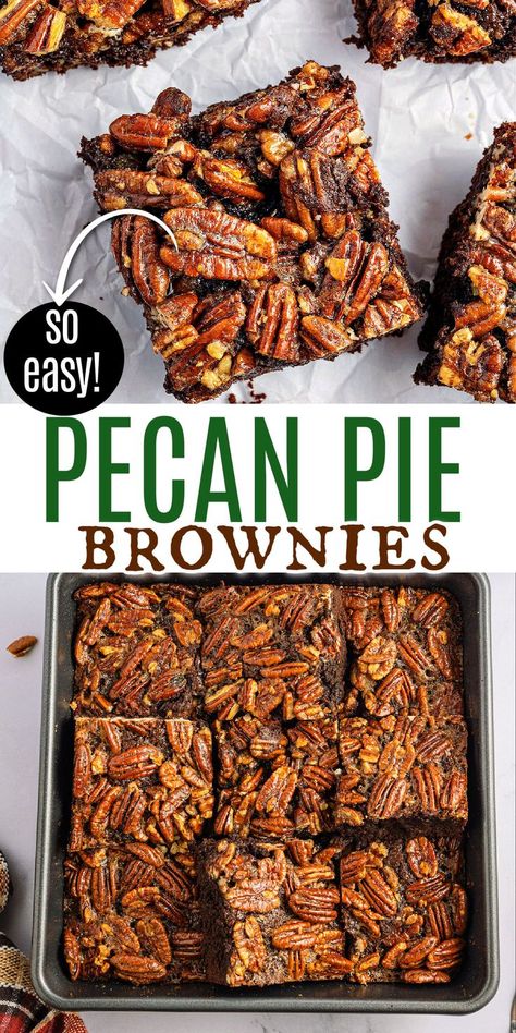 Pecan Pie Brownies have a thick, fudgy brownie base topped with sweetened syrupy pecan pie topping for a delicious dessert mash-up! Pecan Brownies Recipe, Pecan Pie Topping, Pie Topping, Pecan Pie Brownies, Pecan Brownies, Pie Brownies, Pecan Desserts, Thanksgiving Menu Ideas, Salted Caramel Brownies