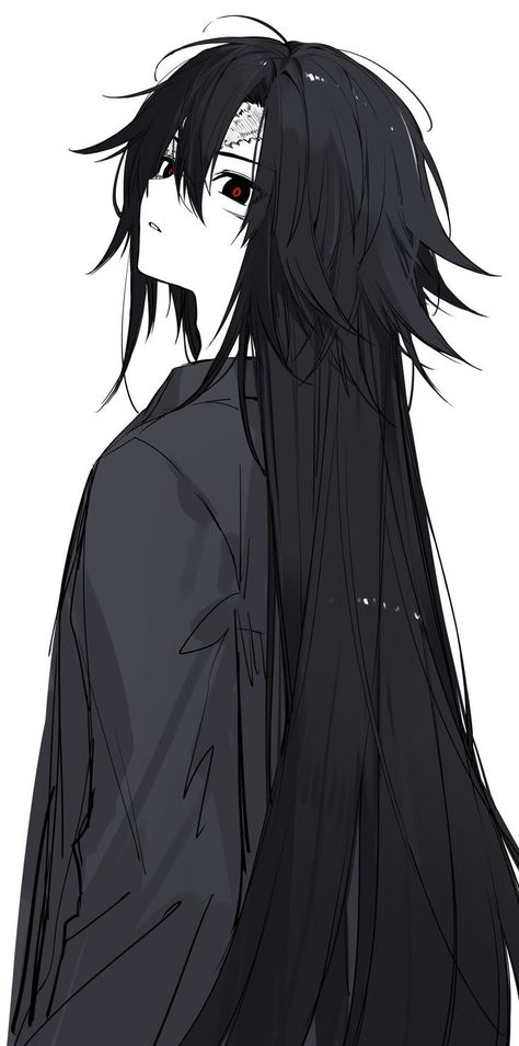 Stoic Anime Guy, Guy Running Hand Through Hair Reference, Long Haired Boy Drawing, Long Haired Anime Characters, Anime Guy With Long Black Hair, Anime Boy Long Black Hair, Long Haired Anime Boy, Long Hair Men Anime, Anime Long Hair Guy