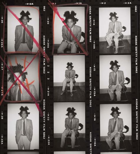 Detail from the contact sheet of a Warhol shoot with Jean-Michel Basquiat, 1982. Andy Warhol Photography, Jm Basquiat, Basquiat Art, Contact Sheet, Whitney Museum, Jean Michel Basquiat, Samos, Foto Poses, Jean Michel