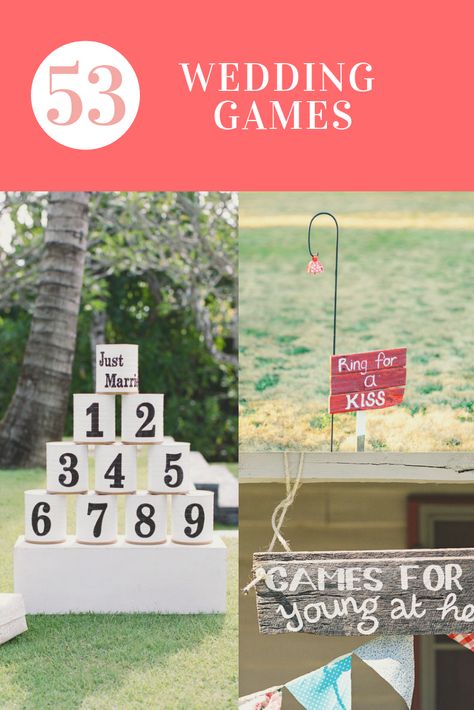 53 Wedding Games to Play On Your Special Day • A Subtle Revelry Outdoor Games At Wedding, Funny Wedding Games For Reception, Outdoor Wedding Games For Guests, Outdoor Wedding Games Receptions, Diy Wedding Games Outdoor, Outside Wedding Games, Games To Play At Wedding Reception Fun, Kids Games Wedding, Garden Games Wedding