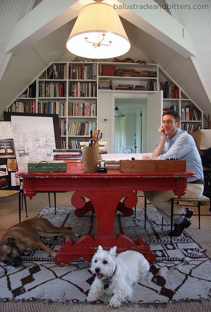 Peter Dunham and his Fab Red Desk His And Hers Office, Office For Two, Peter Dunham, Red Desk, Pretty Office, Partners Desk, Flashback Friday, Attic Renovation, Attic Remodel