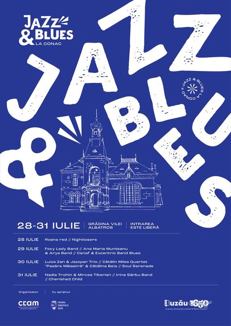 Event Poster Design Typography, Music Gig Poster Design, Blue And White Poster Graphic Design, Abstract Layout Design, Music Poster Ideas Illustration, Typography Festival Poster, Jazz Design Graphics, Blues Posters Music, Jazz Flyer Design