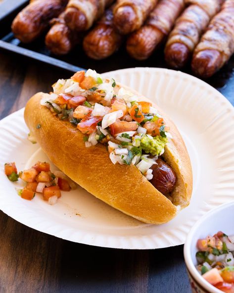 Sonoran Hot Dog Recipe, Sonoran Hot Dog, Bacon Hot Dogs, Hot Dog Recipe, Bacon Wrapped Hotdogs, Grilling Hot Dogs, Canned Mushrooms, Hot Dog Recipes, Dog Recipes