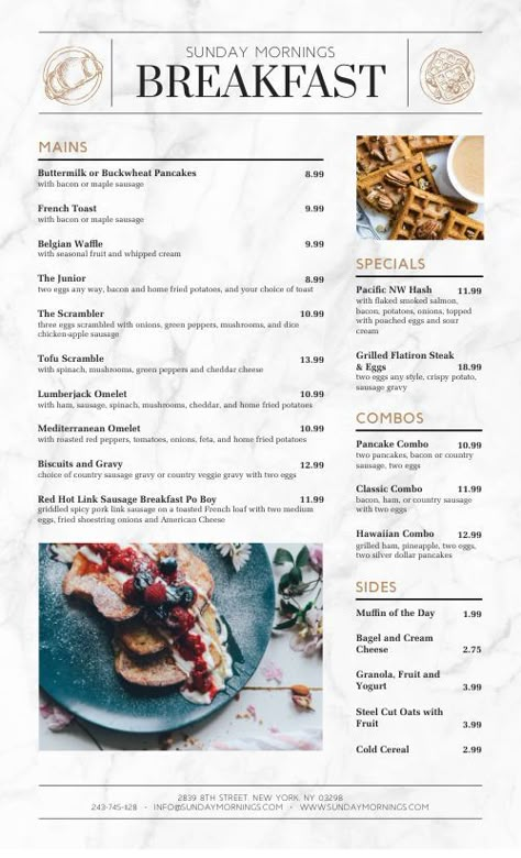 Morning Breakfast Menu Example Design Template by MustHaveMenus Fine Dining Breakfast, Brunch Menu Design, Breakfast Menu Design, Breakfast Menu Ideas, Cocktail Book Design, Fine Dining Menu, Menu Design Layout, Menu Sans Gluten, Menu Design Ideas