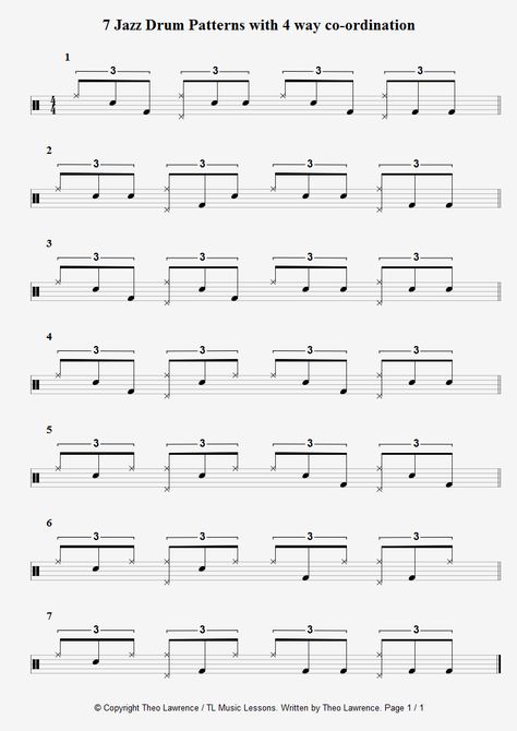 7 Jazz Drum Patterns with 3 and 4 way co-ordination sheets Drum Notation, Jazz Drums, Tenor Saxophone Sheet Music, Alto Saxophone Sheet Music, Learn Drums, Jazz Instruments, Percussion Music, Clarinet Sheet Music, Jazz Sheet Music