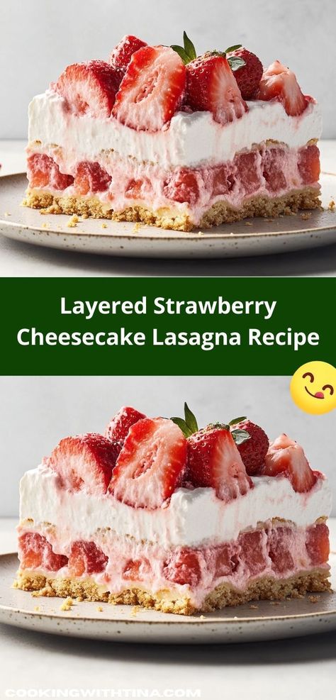 Discover the ultimate sweet indulgence! This Layered Strawberry Cheesecake Lasagna features layers of rich cheesecake and juicy strawberries, creating a stunning centerpiece for birthday parties or holiday celebrations that everyone will love. Assorted Cheesecake, Strawberry Cheesecake Lasagna, Cheesecake Recipe Ideas, Cheesecake Lasagna, Dessert Ideas Simple, Graham Cracker Crust Recipe, Cheesecake Ideas, Rich Cheesecake, Tasty Cookies