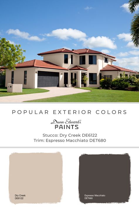 #Exteriorcolroscheme #exteriorpaint #exteriorinspo #exteriorhome #exteriorcolors #myDEcolor #DunnEdwardsPaints #DEcolortrends #dunnedwards #popularcolors #designercolors #curatedcolors #espressomacchiato #det680 #drycreek #de6122 Color Schemes For The Home Exterior, Mediterranean Exterior Paint Colors, Dunn Edwards Exterior Paint Colors, Terracotta Roof House Exterior Colors, Red Roof House Colors, Terracotta Roof House, Outside House Paint Colors, Exterior Home Color Schemes, Lakehouse Exterior