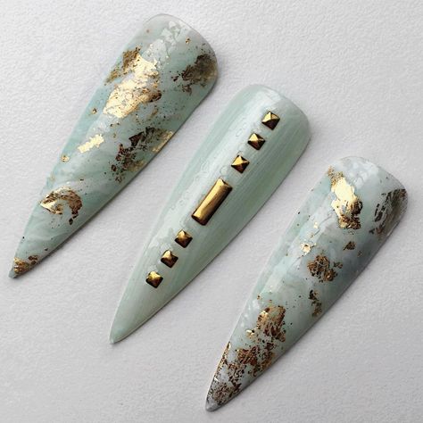 Minty Fresh 🌿 Mint green marbles with gold leaf & gold studs. #nails #nailsofinstagram #gelnails #gelnailsdesign #mintgreennails… Mint And Gold Nails, Studs Nails, Mint Green Nails, Mint Nails, Minty Fresh, Mint Gold, Gold Chrome, Marble Nails, Gel Nail Designs