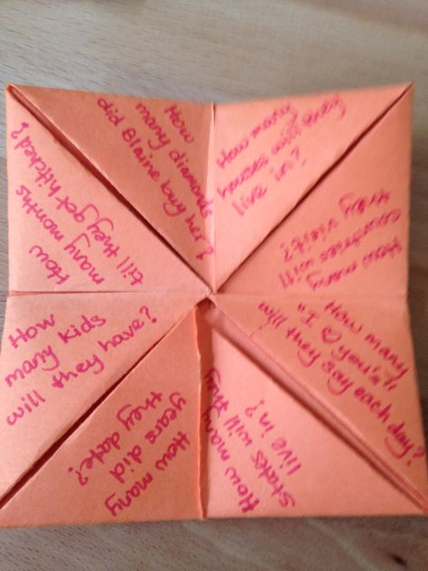 Sorry for the poor picture quality! I made these 90's fortune teller games with bridal shower questions on them. You can see them on the tables. Fortunes For Fortune Tellers, Funny Fortunes For Fortune Tellers, Fortune Teller Ideas, Fortune Teller Origami, Funny Fortunes, Fortune Teller Game, Origami Fortune Teller, Fortune Teller Paper, Bridal Shower Questions