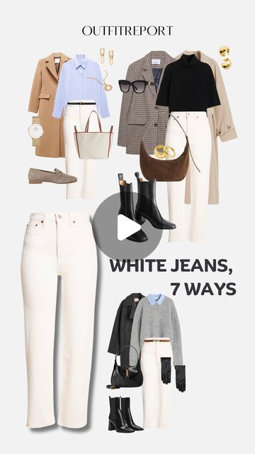 Cream Jeans Winter Outfit, Creme Jeans Outfits, Cream Denim Outfit, What To Wear With Cream Jeans, White Jean Fall Outfit, How To Style Cream Jeans, Cream Jeans Outfit Spring, Cream Denim Jeans Outfit, Creme Jeans Outfit