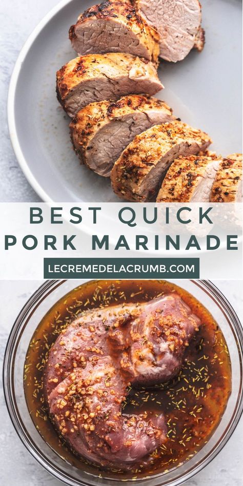 This Best Quick Pork Marinade is all you need to flavor your next pork tenderloin. A little bit tangy, a little spicy, garlicky, and full of Italian herbs and spices, this marinade will keep your meat tender and your mouth watering. Try this easy tasty pork tenderloin recipe tonight! | lecremedelacrumb.com #quick #familymeals #porkmarinade #best #tangy #meat #tendermeat #pork #delicious Easy Pork Tenderloin Recipes, Tenderloin Marinade, Pork Tenderloin Marinade, Easy Pork Tenderloin, Juicy Pork Tenderloin, Pork Marinade, Meat Marinade, Tenderloin Recipe, Italian Herbs