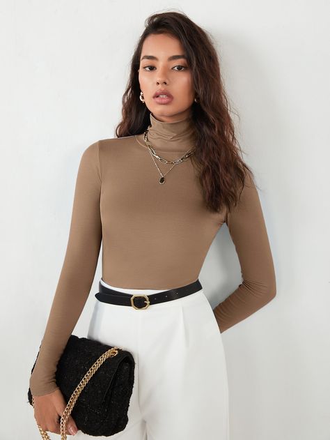 Brown Casual Collar Long Sleeve Fabric Plain  Embellished Slight Stretch Spring/Fall Women Tops, Blouses & Tee Brown Blouse Outfit, 2024 Wardrobe, Magazine Shoot, Outfits Vestidos, Brown Blouse, Fall Fits, Work Wear Women, Casual Tops For Women, Women T Shirts