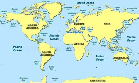 LISTS SEAS AND OCEANS A TO Z INDEX OF THE WORLD Map Of Continents, World Map Picture, World Geography Map, World Map Continents, Ocean Names, Sea Map, Solar System Projects, Continents And Oceans, Geography Map