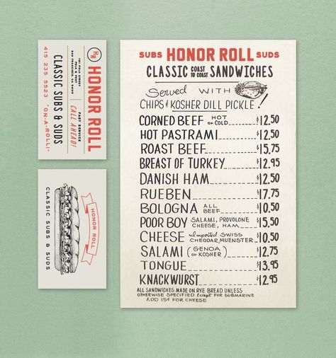 A business card and menu lie on a pale green background. In red text, the Honor Roll, Subs and Suds, Classic Coast to Coast Sandwiches logo, and then the list of offerings with illustrated sub sandwich. Menu Design Layout, Sandwich Menu, Menu Design Inspiration, Restaurant Identity, Vintage Menu, Honor Roll, Sandwich Shops, Vintage Restaurant, Restaurant Menu Design