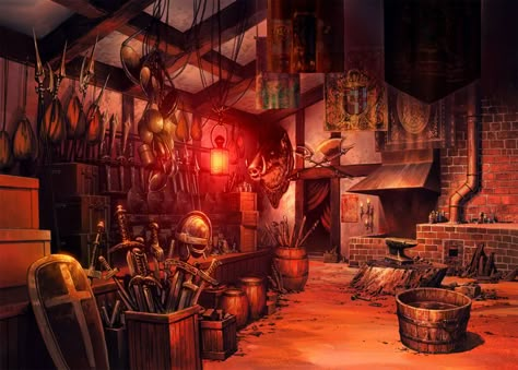 Blacksmith's shop                                                                                                                                                                                 More Blacksmith Shop Fantasy Art, Workshop Fantasy Art, Dnd Shop Art, Dnd Blacksmith Shop, Fantasy Blacksmith Shop, Fantasy Blacksmith, Fantasy Workshop, Blacksmith Art, Odyssey Art