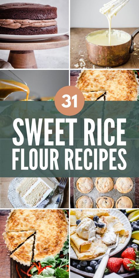 This round-up of delicious recipes all use sweet rice flour. This unique and versatile gluten-free flour is a great choice for cakes, sauces, pastries and savouries. Keep reading for a list of favourite sweet rice flour recipes. #glutenfree #sweetriceflour #glutenfreecakes #glutenfreeflour #glutinousriceflour #mochiko Sweet Rice Flour Recipes, Rice Flour Recipe, Sweet Rice Flour, Rice Flour Recipes, Gluten Free Quiche, Gluten Free Gravy, Gluten Free Scones, Gluten Free Cake Recipe, Sweet Potato Cinnamon