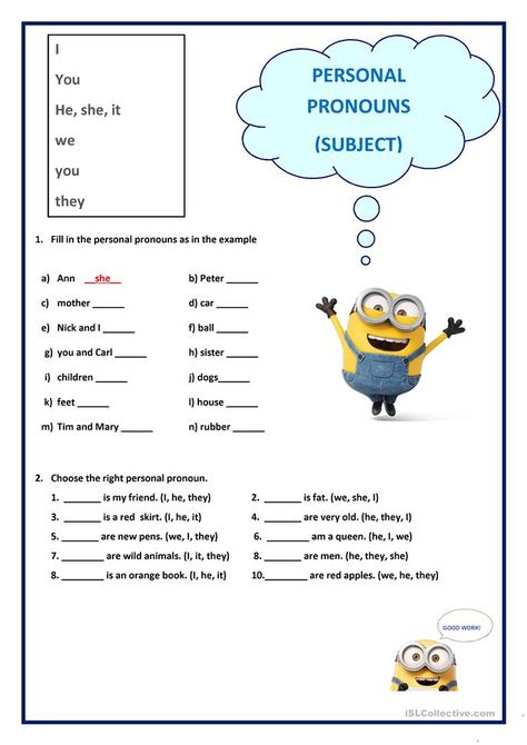 Subject Pronouns Worksheet Grade 1, Personal Pronouns Activities, Pronouns Exercises, English Pronouns, Personal Pronouns Worksheets, Pronoun Activities, English Grammar For Kids, Grammar For Kids, Personal Pronouns