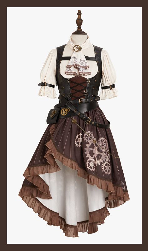 Nikki Tomorrow 【=Perpetual Motion Gears=】 #SteampunkLolita Blouse, Vest and Skirt Set ◆ Shopping Link >>> https://lolitawardrobe.com/nikki-tomorrow-perpetual-motion-gears-steampunk-lolita-blouse-vest-and-skirt-set_p7867.html Steampunk Cosplay Ideas, Steampunk Outfit Ideas, Steampunk Aesthetic Outfit, Steampunk Dress To Impress, Nikki Tomorrow, Clock Costume, Time Traveler Outfit, Steampunk Clothing Women, Fantasy Skirt