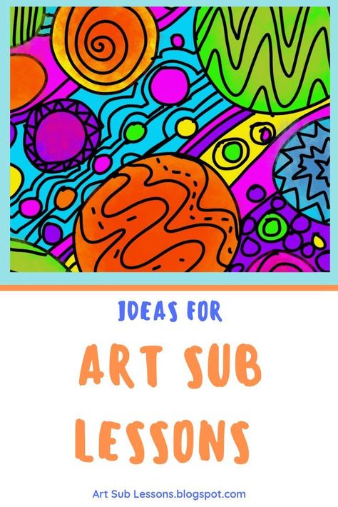 This blog will lead you to easy and fun ideas for substitute lesson planning. Mostly elementary, but many can be adapted for middle school as well. #elementaryart #artsubplan #easyartproject Art Lesson For Kindergarten, Lesson For Kindergarten, Relief Teaching Ideas, Art Sub Lessons, Easy Art Lessons, Art Sub Plans, Art Education Lessons, Art Plan, Art Lessons Middle School