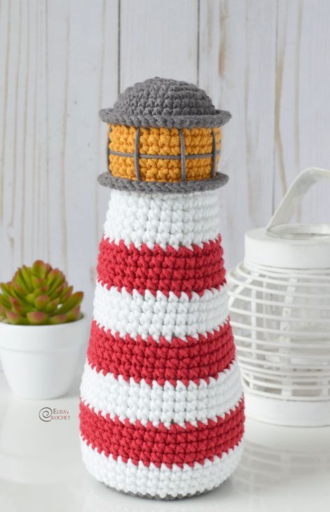 Lighthouse Free Crochet Pattern By Elisa's Crochet Nautical Crochet, Beach Crochet, Nautical Crafts, Knitting Machine Projects, Beginner Crochet Projects, Crochet Amigurumi Free Patterns, Crochet Amigurumi Free, Summer Mood, Fish Patterns